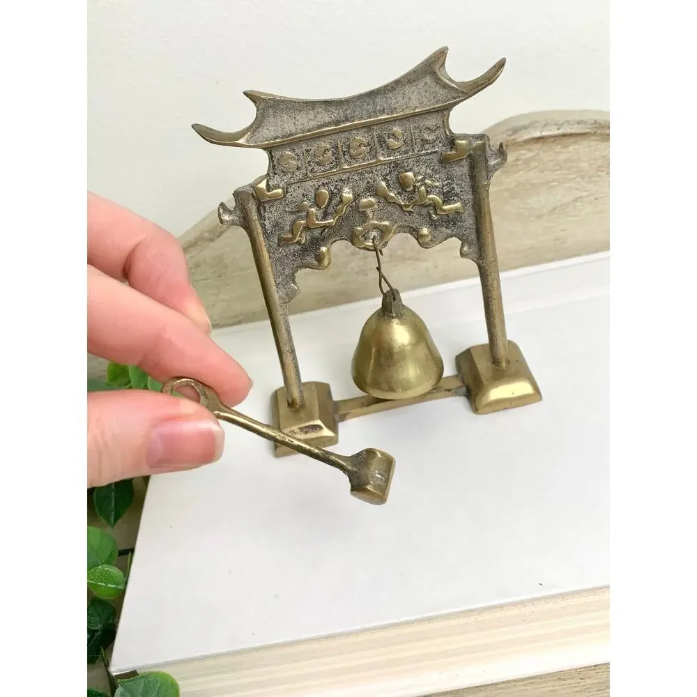Vintage Lobeco Brass Pagoda Gong Miniature Bell With Striker Chinoiserie Decor